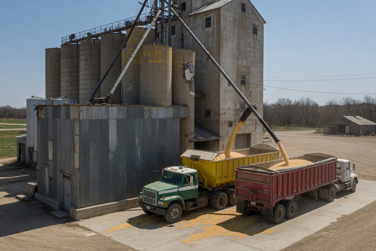 A country elevator loading trucks — where the harvest becomes a position.
