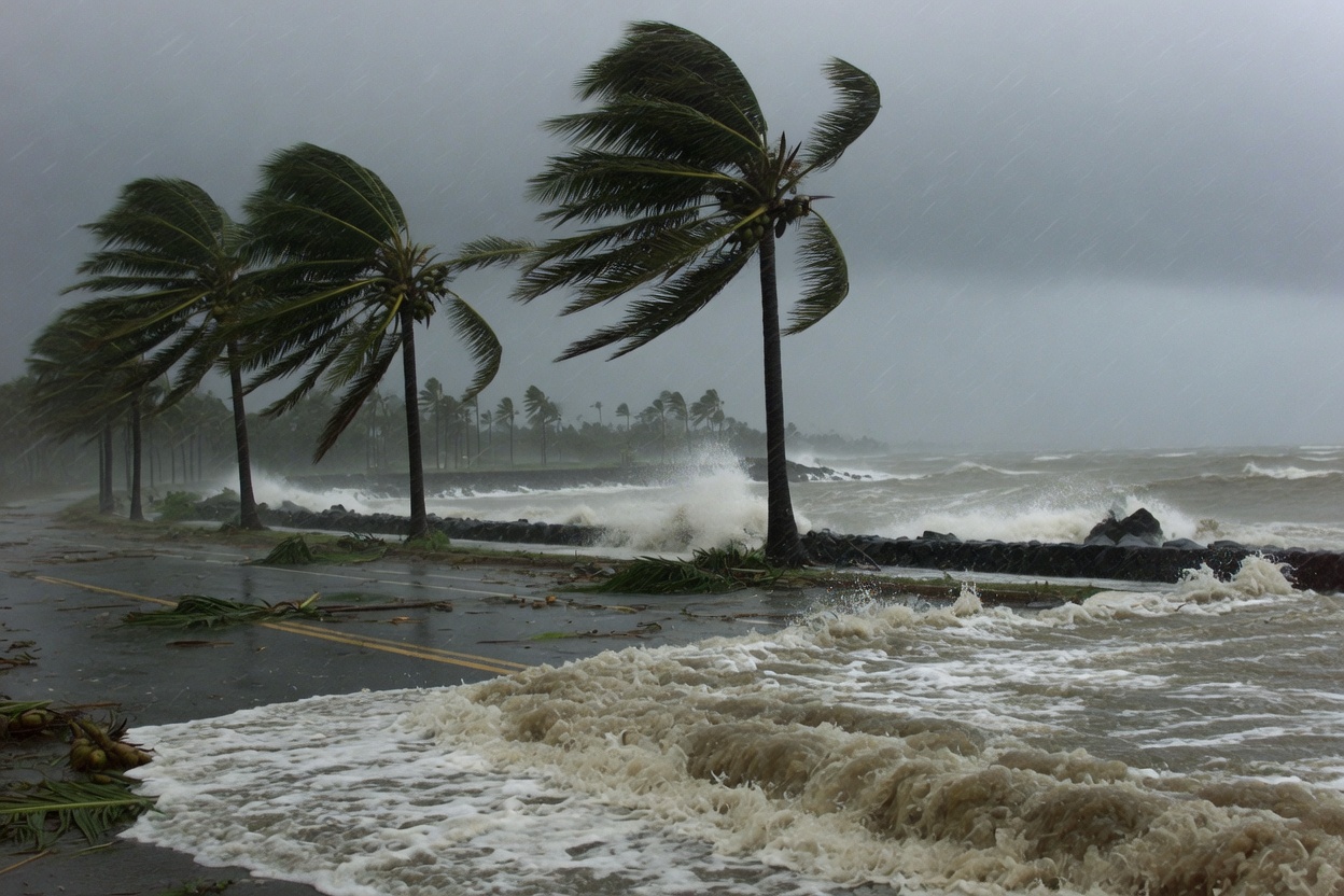 Storm surf over a coastal road as the hurricane comes ashore.