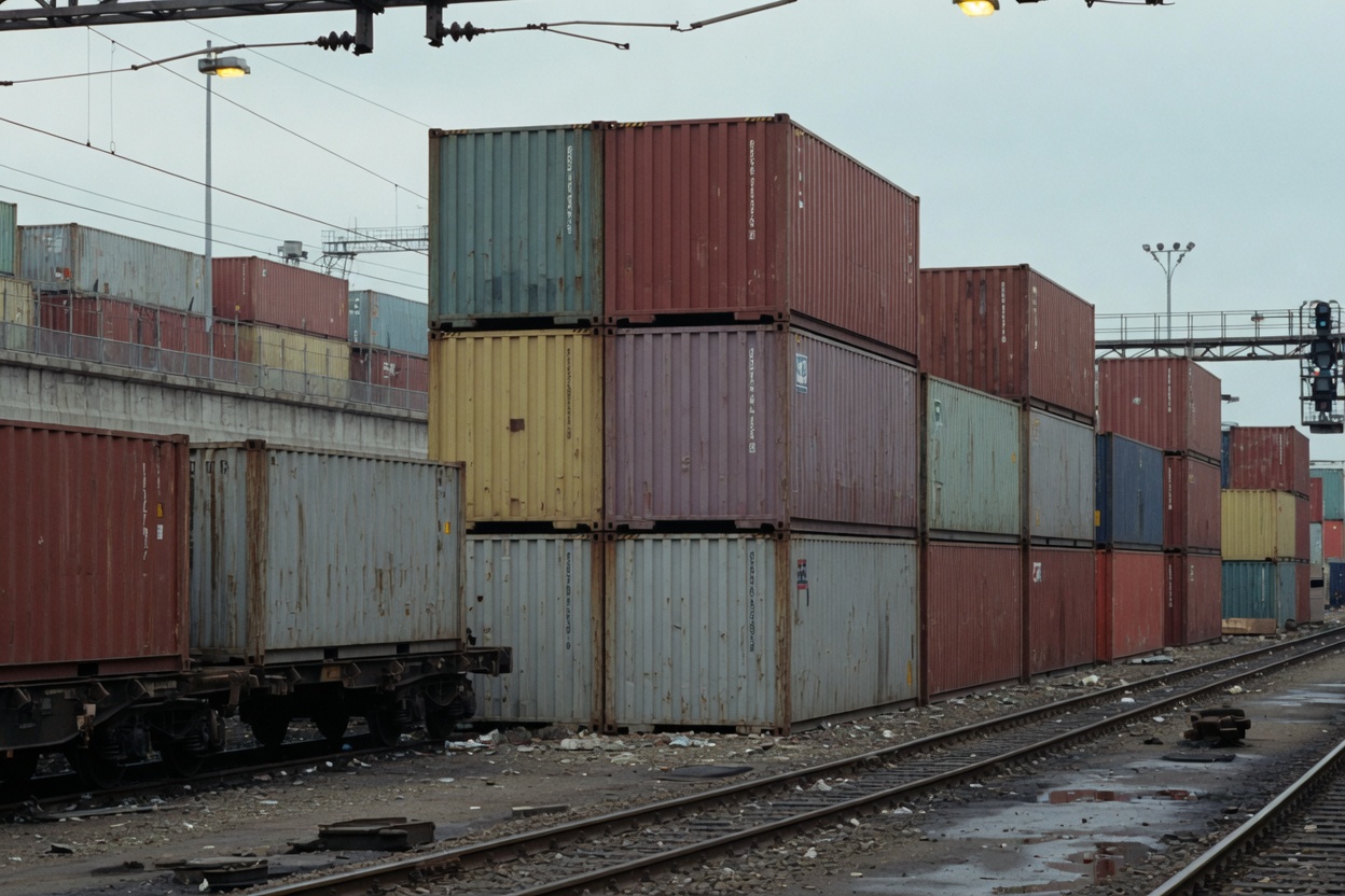 Stacked freight containers at a rail yard — the goods a tariff threat would tax.