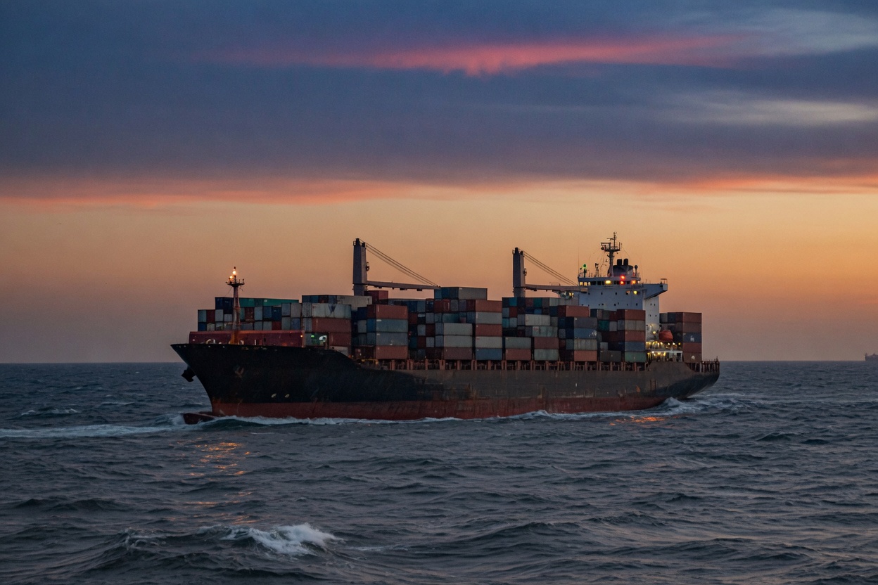 A cargo ship on open water at dusk — the vessel class in the Red Sea fight.